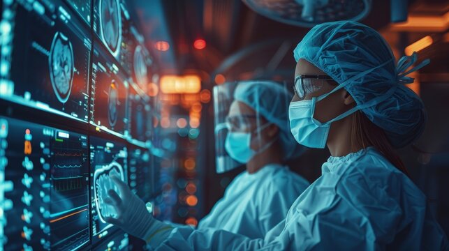 Surgeon and assistant using advanced navigation systems for precise surgical outcomes. Photorealistic. HD.