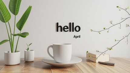 commercial stock photo minimalistic background, text "hello April"