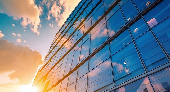Symbolizing Success and Growth: A Modern Office Building at Sunset. Concept Architecture Photography, Urban Landscapes, Sunset Captures, Business Success, Growth and Development