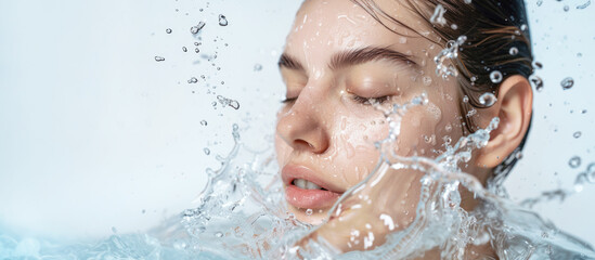 Banner, young woman with refreshing water splashes and drops on clean skin, symbolizing purity, freshness, youth and skin care.