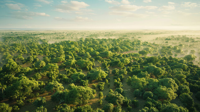 Expansive aerial view showcasing the lush greenery of the african great green wall project, symbolizing progress in environmental conservation and combating desertification