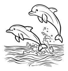 Dolphins in the ocean illustration coloring page for kids - coloring book