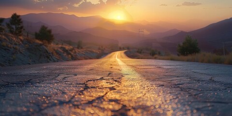 Low level view of empty old paved road in mountain area at sunset - Powered by Adobe