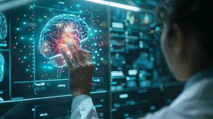 A female scientist wearing a lab coat is using a futuristic computer interface to study the human brain.