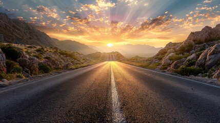Low level view of empty old paved road in mountain area at sunset