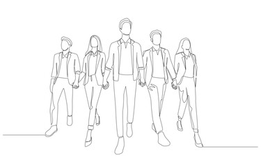 Continuous one line drawing of business team holding hands moving forward, business teamwork concept, single line art.