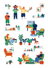 リビングでくつろぐ人々の手描きイラスト
