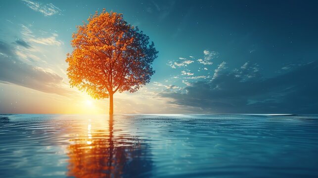 Silhouette of a lone tree at sunset, its shadow stretching long and blending seamlessly into a tranquil landscape