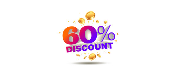 Vector illustration of 60% off, discount, sale, offer, deal, on shopping logo design with coin, money and wealth.