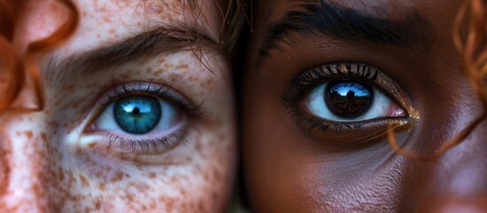 Beautiful close up eyes of two different female persons african american and redhead caucasian women with freckles with curly hair inclusion and diversity concept