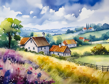watercolor landscape illustration with houses and trees countryside background
