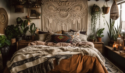 A bohemian-inspired bedroom with macrame wall hangings and layers of textured brown bedding, creating a cozy retreat filled with warmth and personality.
