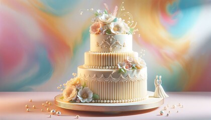 Illustration of layered vanilla wedding cake with flowers on colorful background.