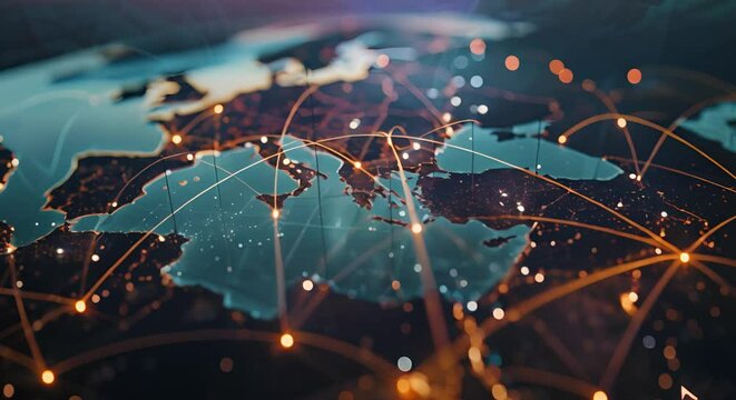 World map connecting flight paths in global business network. Concept Global Business Network, Flight Paths, World Map, Connectivity, International Trade