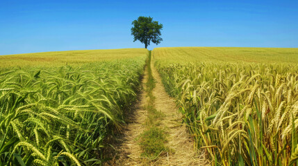 Scenic view of a single tree standing tall at the end of a narrow path amidst a golden wheat field under a clear blue sky on a sunny day