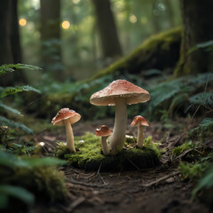 mushrooms are growing in the middle of a forest with moss