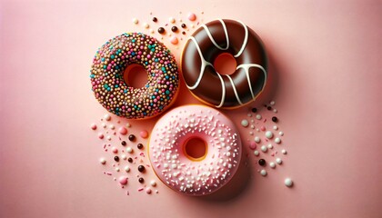 Illustration of three glazed donuts with sprinkles on pink background, top view.