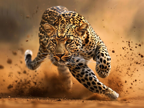 African wildlife illustration, leopard attacking rabbit. Unusual background.