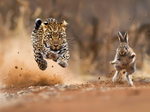 African wildlife illustration, leopard attacking rabbit. Unusual background.
