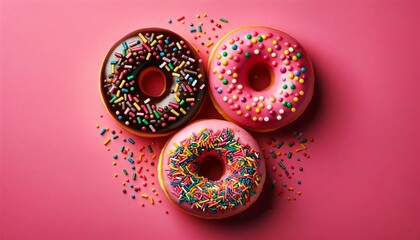 Illustration of three glazed donuts with sprinkles on vivid pink background.