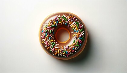 Illustration of glazed donut with sprinkles on white background, top view.