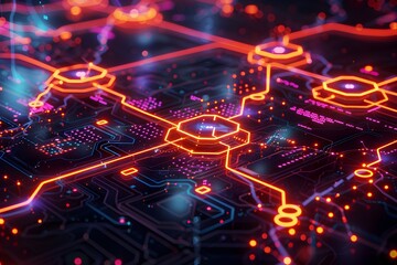 Obraz premium Intricate Interconnected Digital Landscape with Glowing Energy Nodes and Neon Color Scheme