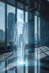 Holographic Assistant Providing Security Recommendations in Minimalist Modern Office with City Skyline