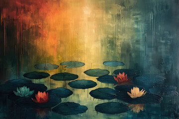 Oil painting of lotus flowers on the water, reflections in lake, dawn light through misty forest. Created with Ai