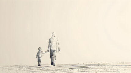 Artistic sketch of a father holding hands with his child, walking together in a minimalist setting, symbolizing parental guidance and love.