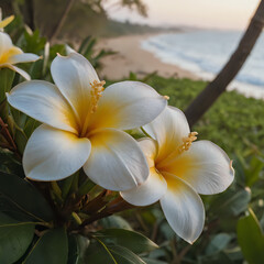 Fototapeta na wymiar a two white and yellow flowers on a tree near the ocean