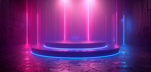 a podium at the center, product placement, Abstract blue and purple background with vertical lines of light, creating an elegant gradient effect for design or presentation.