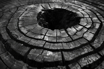 Black and white photo of tree stump, with visible wood grain patterns and rings, cut in half to show crosssection. Created with Ai