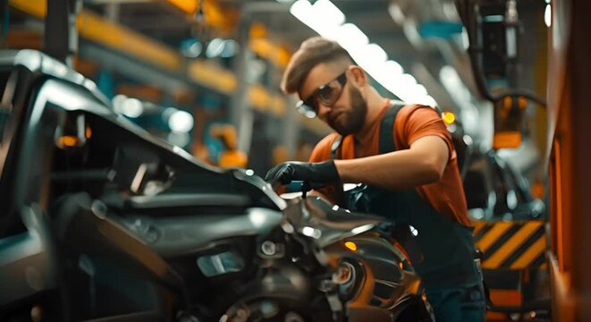 Employee at car factory assembling vehicles on production line. Concept Car manufacturing, Vehicle assembly, Production line, Automotive industry, Employee roles