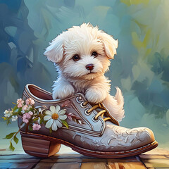 신발 위에 있는 강아지