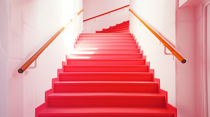 Candy apple red stairs with a minimalist wooden handrail, full front view in a bright interior.