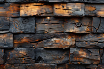 A closeup of burnt wood wall cladding, showcasing the unique texture and patterns created by burning. Created with Ai