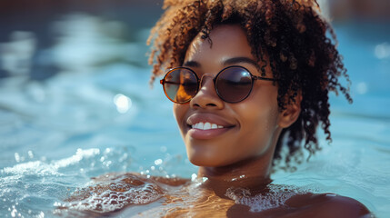 A joyful woman enjoys a tranquil bath moment in the waters of a pool. Woman in Relaxing Summer Day at the Pool