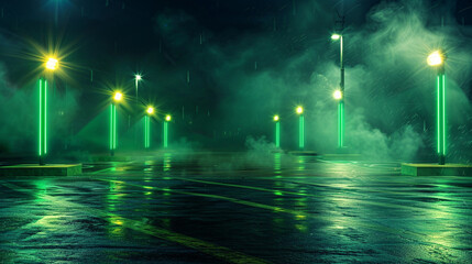 An abandoned parking lot at night, lit solely by green neon searchlights positioned at the corners
