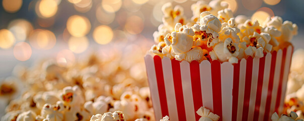 Popcorn Explodes from Classic Box Background, Fun Snack Scatter. Copy space for text