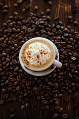 A cup of coffee with coffee beans