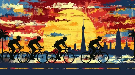 Naklejka premium A painting of a biker group riding before the Eiffel Tower, Paris, France