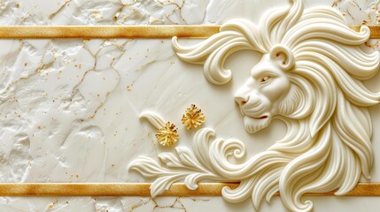   A tight shot of a lion head against a pristine white marble backdrop, framed by golden trim
