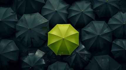 a yellow umbrella is surrounded by black umbrellas