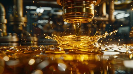   A tight shot of liquid being poured into a metallic container, surrounded by a backdrop of abundant golden flakes