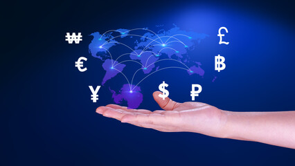 Businessman holding to money transfers and currency exchanges between countries of the world, online banking interbank payment concept.