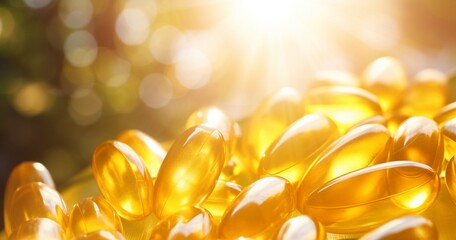 Fish oil, vitamin D, Omega 3 supplement capsules, background with copy space