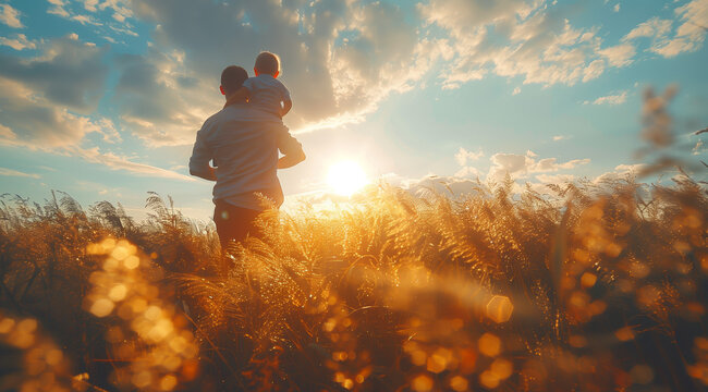 A man is walking through a wheat field, carrying a child on his back. The mans figure stands out against the yellow wheat, while the child appears to be looking around in curiosity.