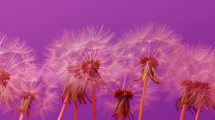   A tight shot of dandelions against a deep purple backdrop Background includes a purple-hued sky
