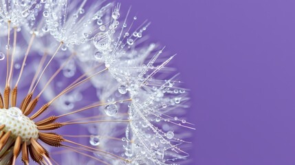   Close-up of a dandelion with dewdrops and purple backdrop..Or, if you prefer to keep the original phrasing but make it more conc