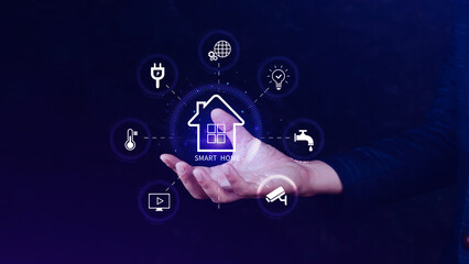 Smart home technology, User touches virtual screen manage smart home features including security,...